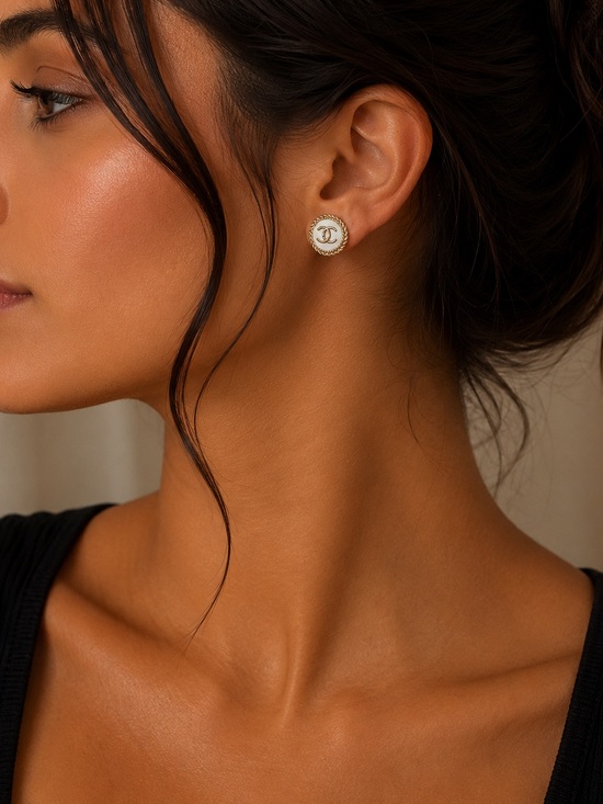 CHANEL Jewelry - CHANEL Gold and White CC Button Stud Earrings
